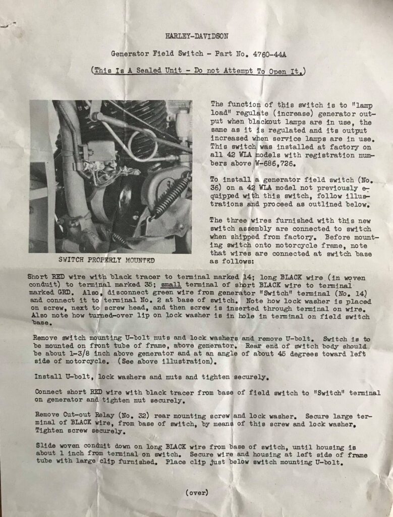 1942 - 1943 Harley-Davidson WLA Generator Literatura Despiece