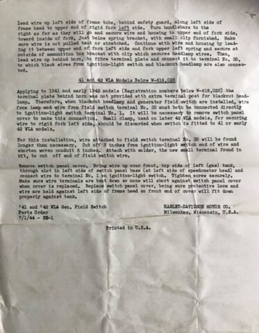1942 - 1943 Harley-Davidson WLA Generator Literatura Despiece