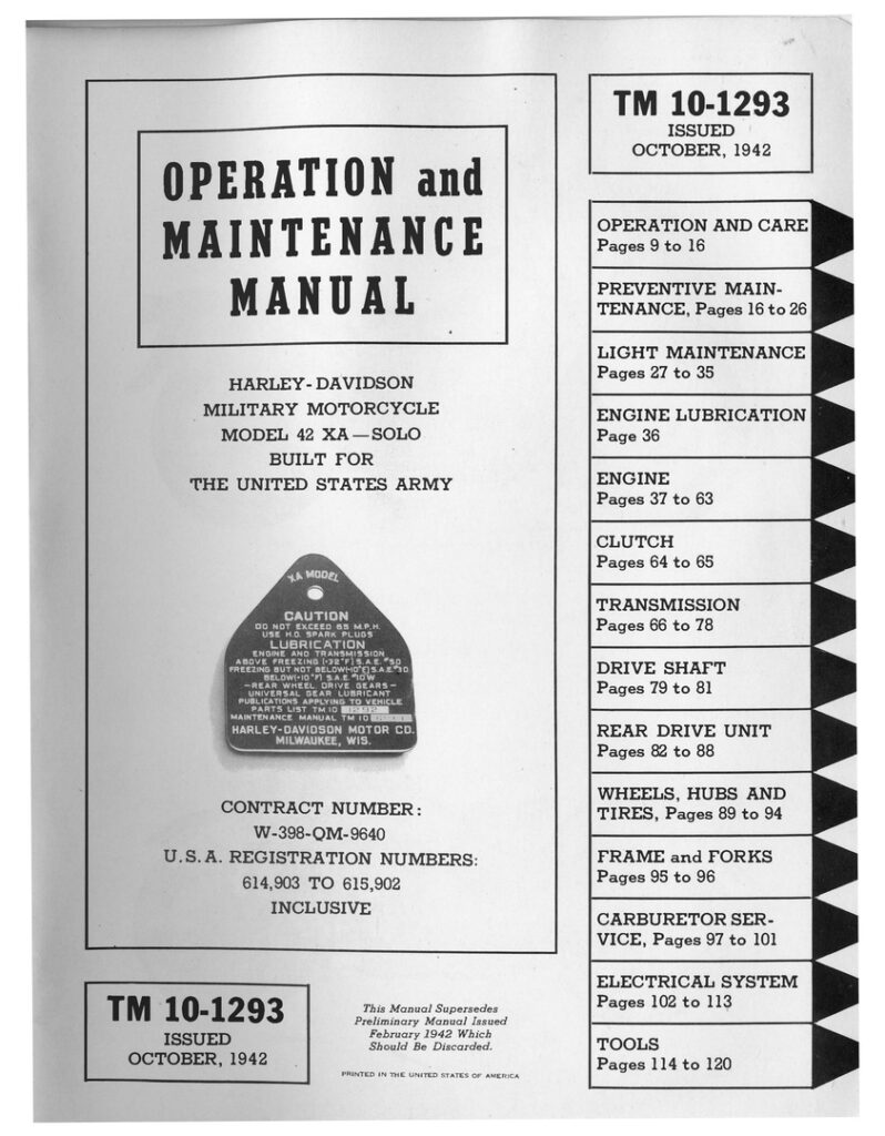 1942 - Harley-Davidson XA Operation and Maintenance Manual