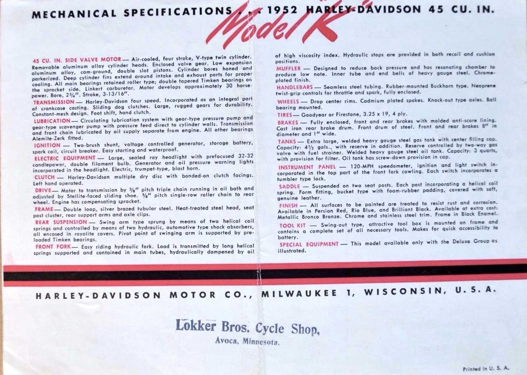 1952 - Harley-Davidson Modelo K Folleto ventas