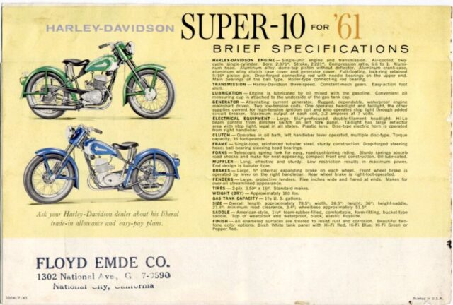 1961 - Harley-Davidson Super-10 folleto 1961 - Harley-Davidson Super-10 folleto
